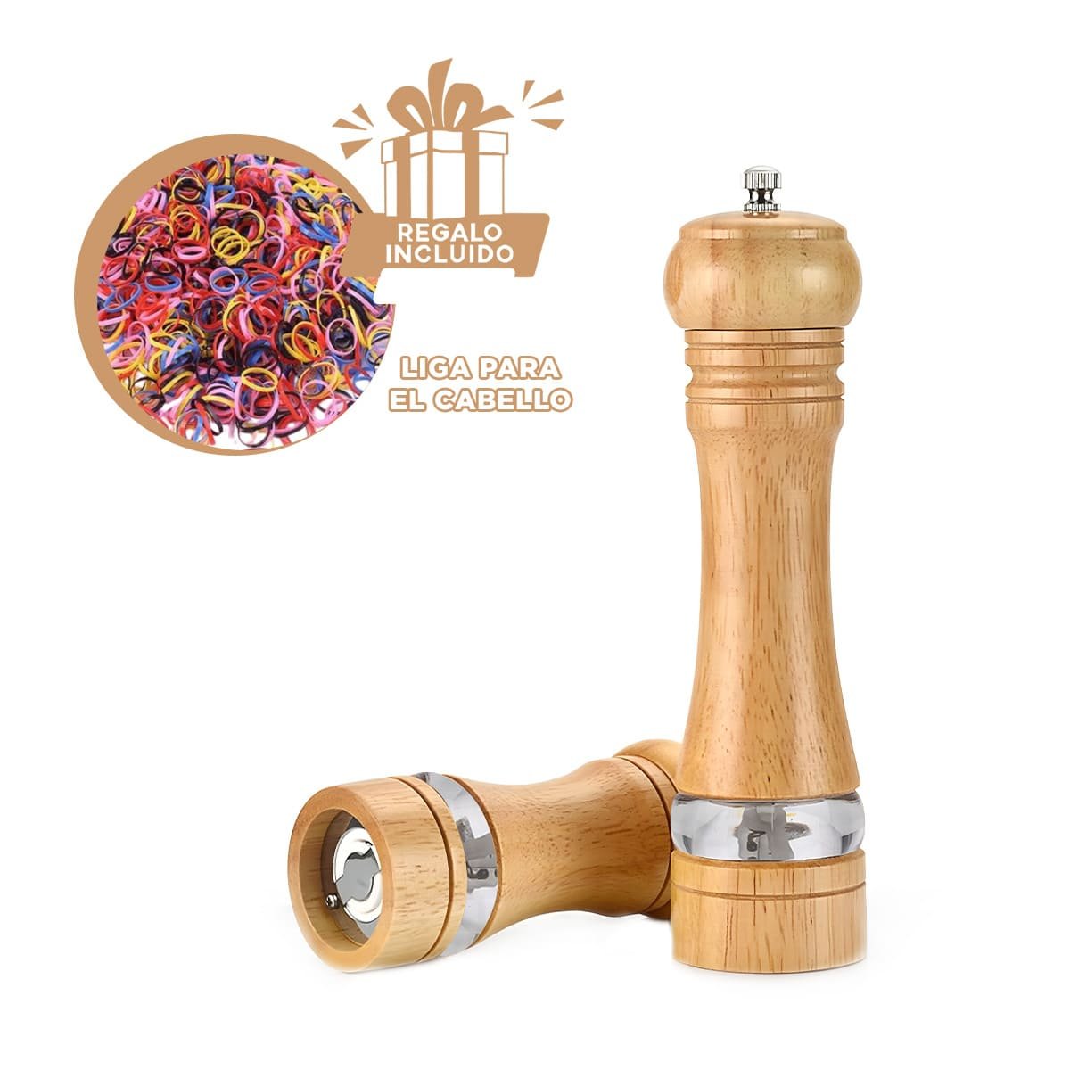 MOLINILLO MANUAL DE MADERA 5X20 CM CON DISEÑO CLASICO Y FRANJA METALICA YLIGAS REGALO - 2