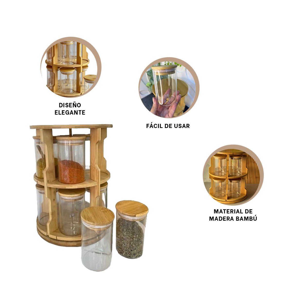 ORGANIZADOR GIRATORIO CIRCULAR CON 10 FRASCOS DE VIDRIO Y ESTRUCTURA DE MADERA YPAPEL REGALO - 5