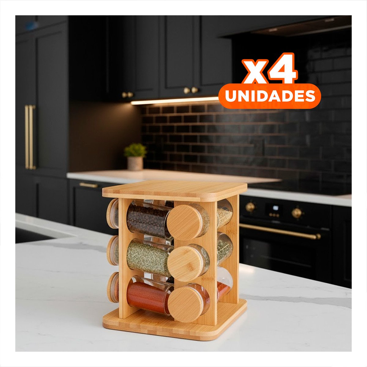 PACK4 SET GIRATORIO CUADRADO DE MADERA CON 12 FRASCOS PARA COCINA YPAPEL REGALO - 1