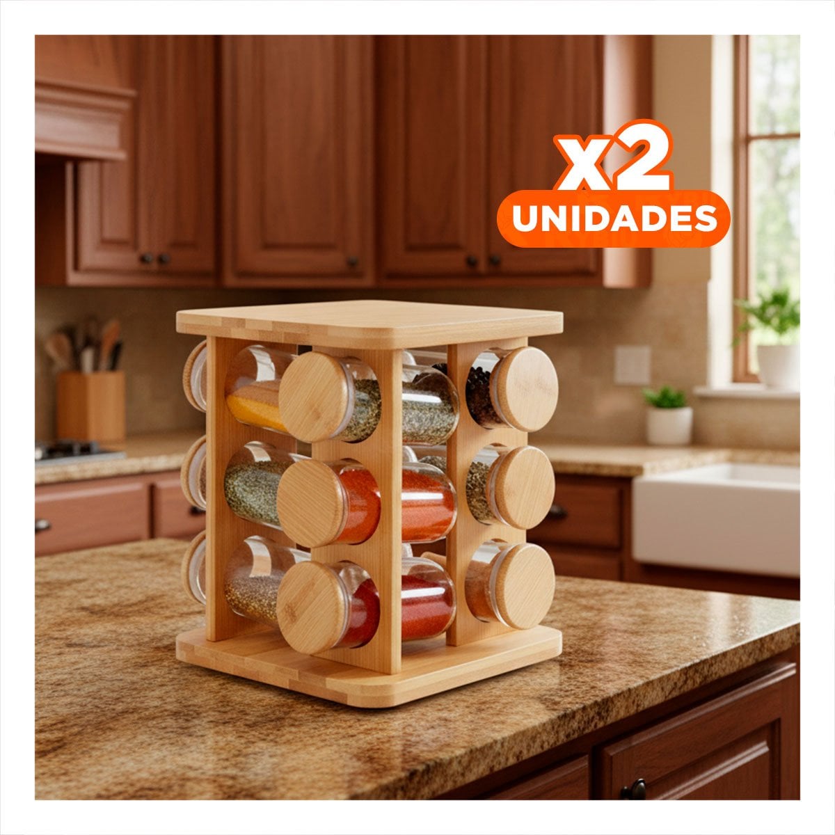 PACK2 BASE GIRATORIA CUADRADA DE MADERA CON 12 FRASCOS PARA COCINA HOGAR - 1
