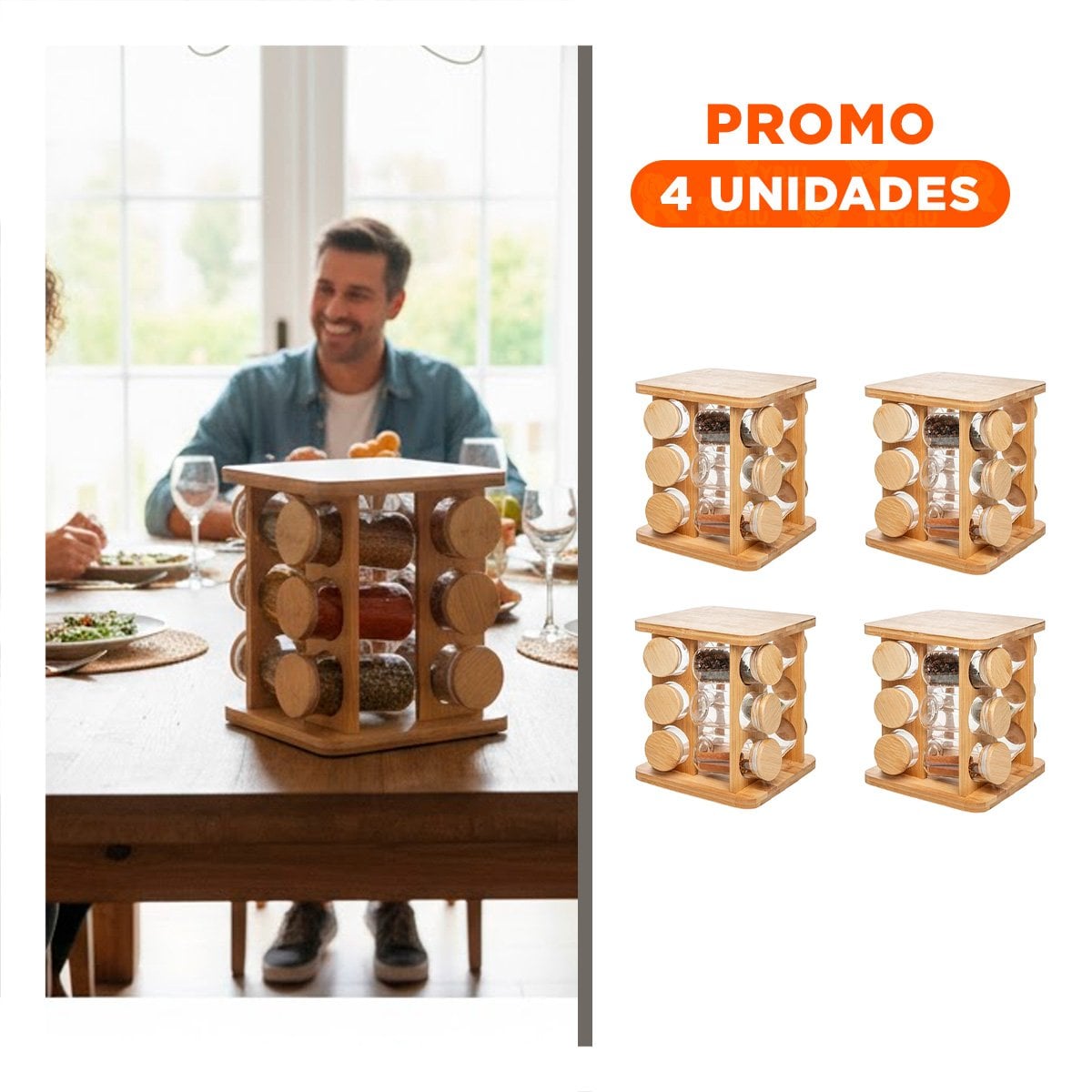 PACK4 CONTENEDOR GIRATORIO CUADRADO DE MADERA CON 12 FRASCOS COCINA - 1