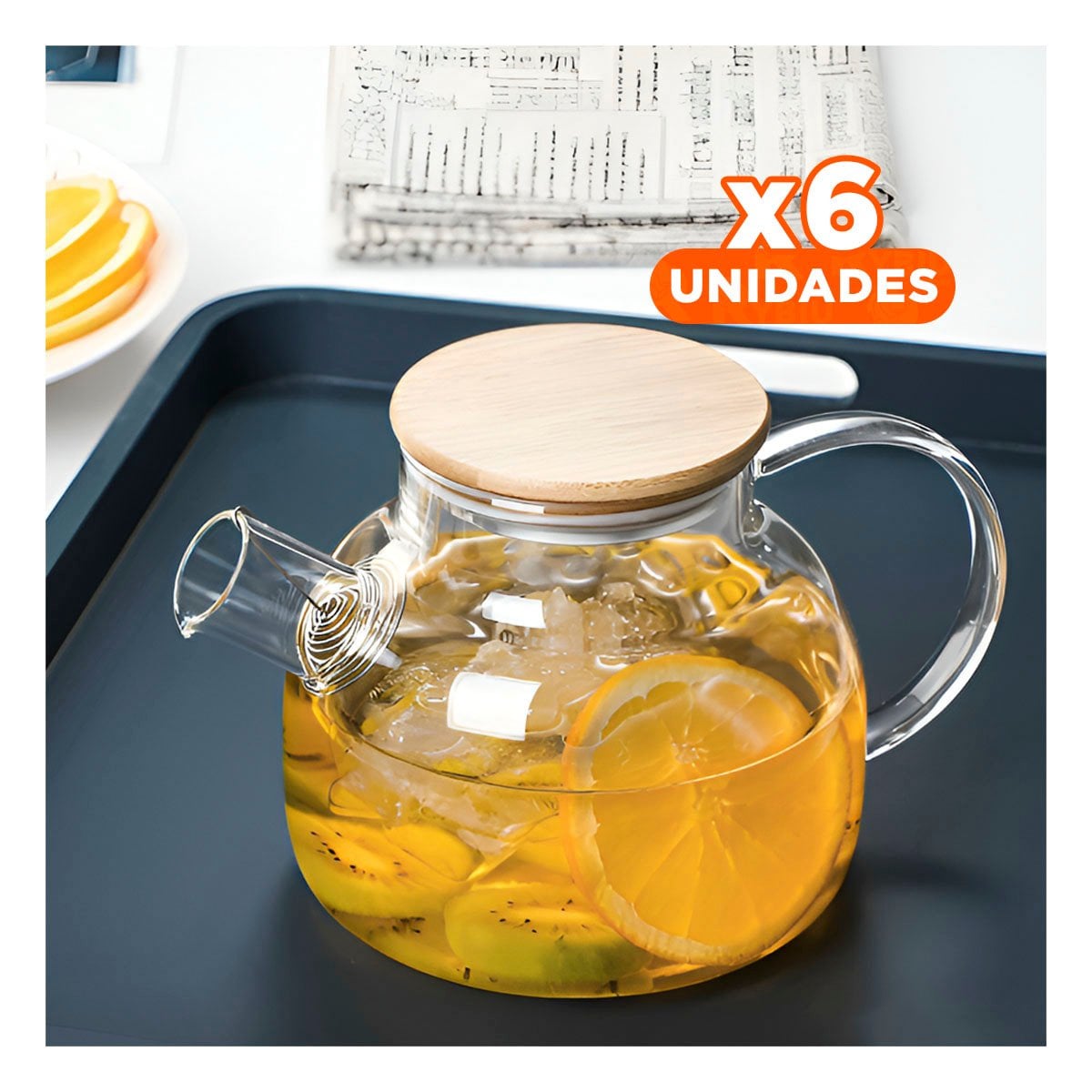 PACK6 JARRO DE VIDRIO 1L CON TAPA DE MADERA Y FILTRO EN PICO DURABLE Y FACIL YPAPEL REGALO - 1