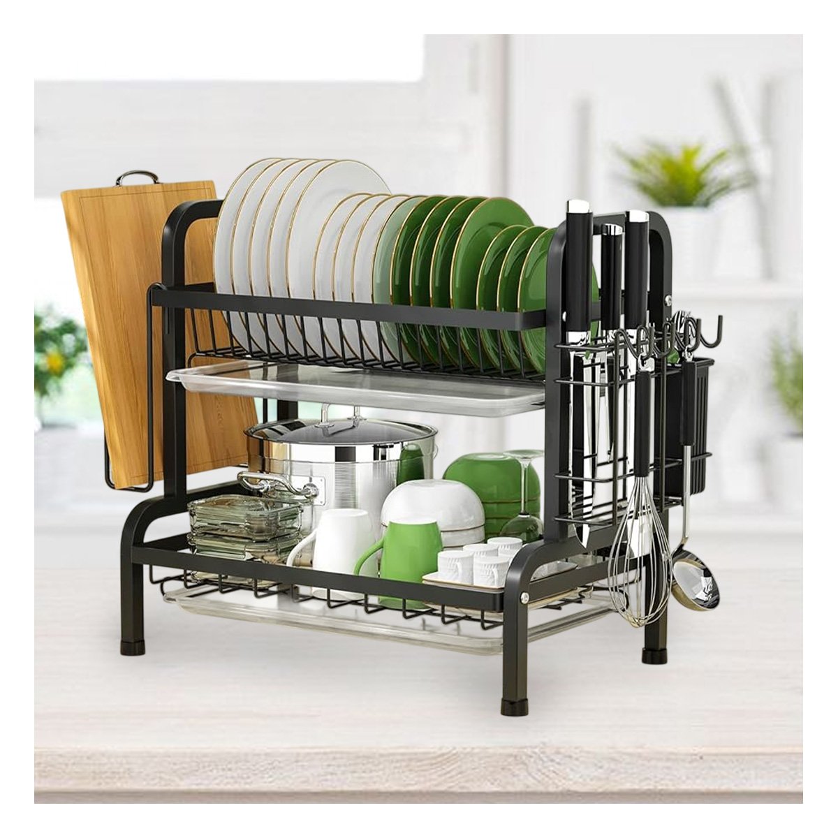 ESCURRIDOR DE PLATOS 2 NIVELES NEGRO CON BANDEJAS ESCURRIDORAS COCINA ORGANIZADA - 1