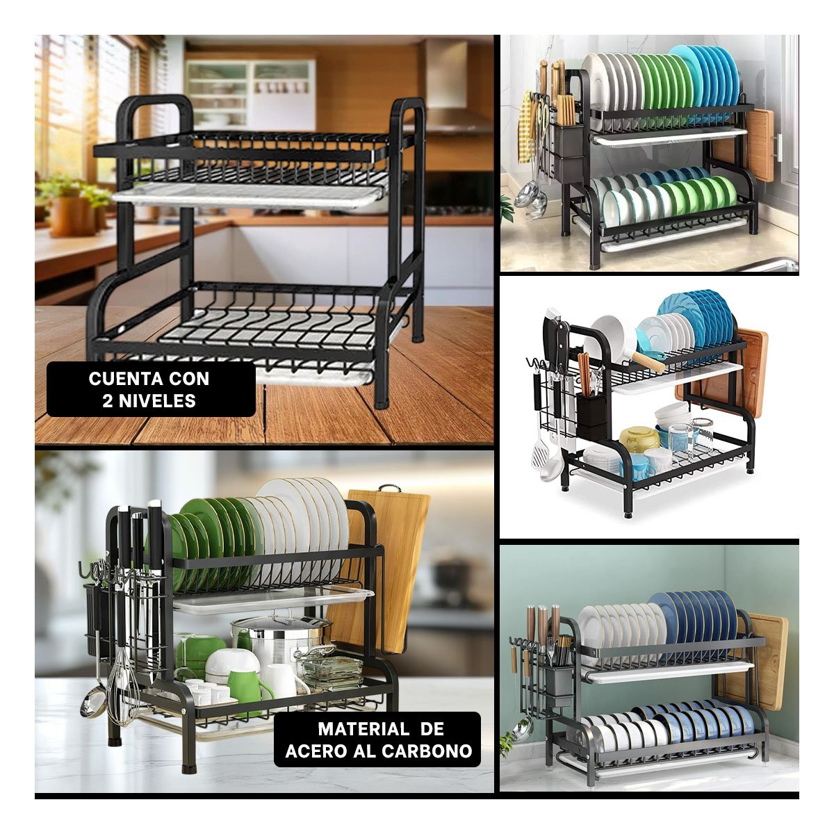 ESCURRIDOR DE PLATOS 2 NIVELES NEGRO CON BANDEJAS ESCURRIDORAS COCINA ORGANIZADA - 2