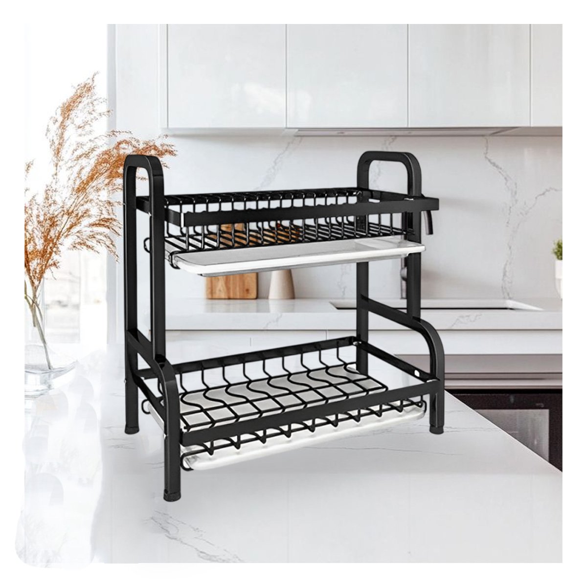ESCURRIDOR DE PLATOS 2 NIVELES NEGRO CON BANDEJAS ESCURRIDORAS COCINA ORGANIZADA - 5
