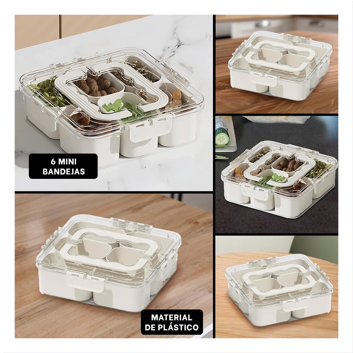 PACK4 BANDEJA TRANSPARENTE CON 6 MINI COMPARTIMIENTOS RESISTENTE Y ORGANIZADA YREGALO STICKER - 2