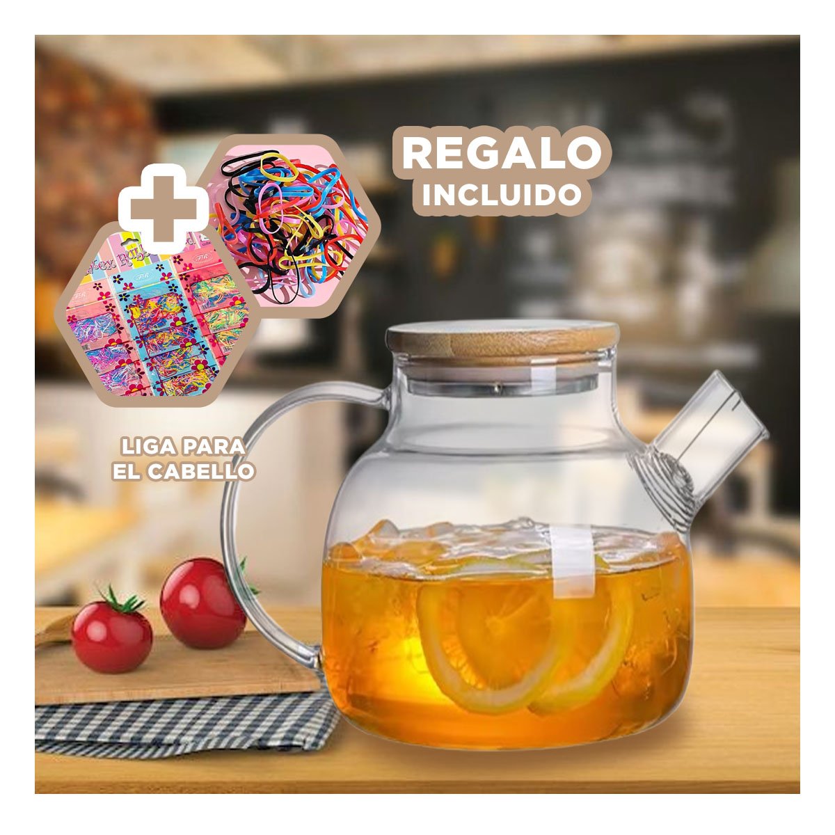 JARRA DE VIDRIO 1.8L CON TAPA DE MADERA Y FILTRO COMODO PARA SERVIR BEBIDAS YLIGAS REGALO - 2