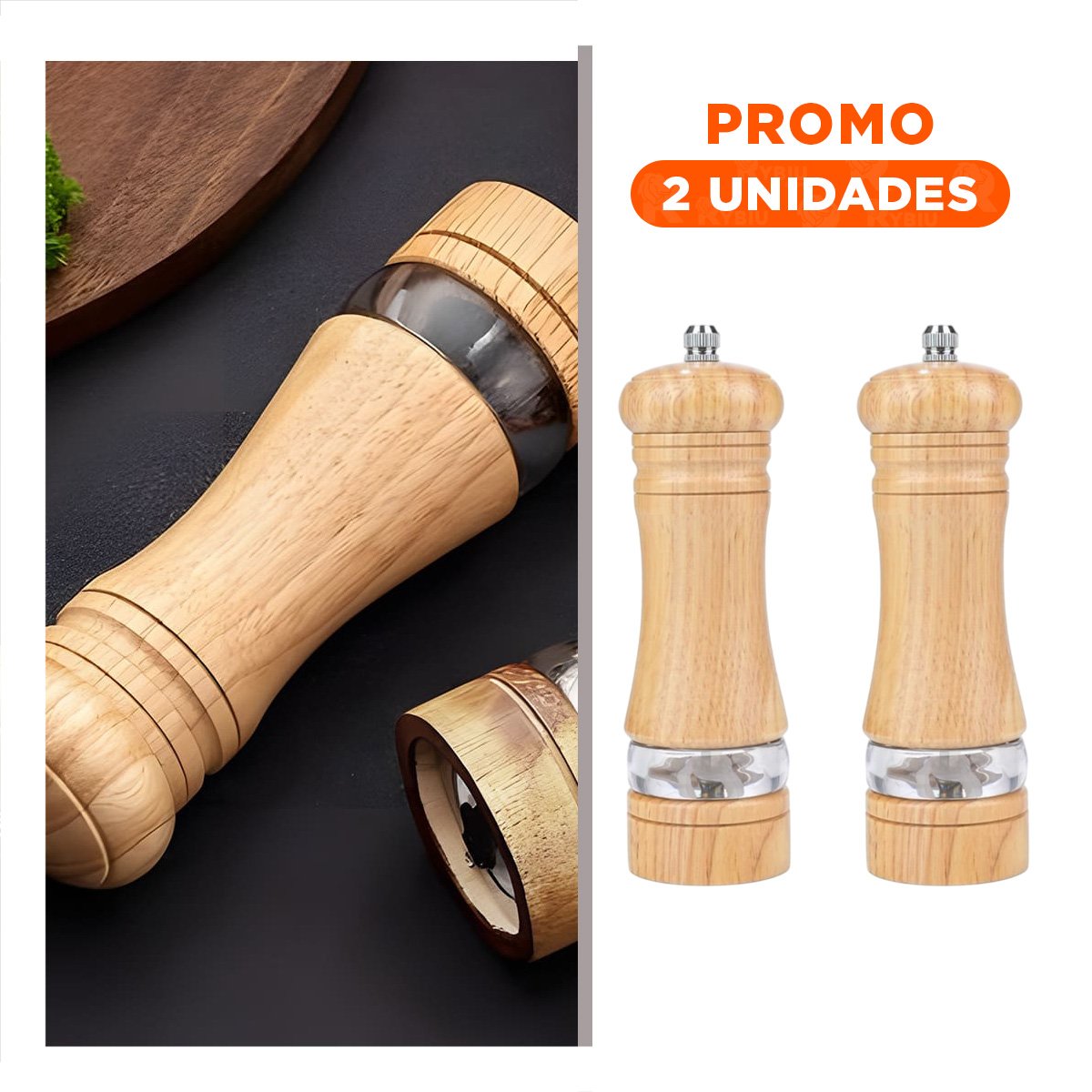PACK2 TRITURADOR MANUAL 5X15.5 CM MADERA CON FRANJA METAL PARA CONDIMENTOS YREGALO STICKER - 1