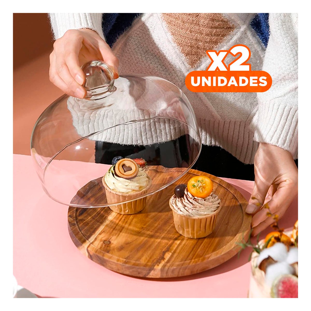 PACK2 PLATO DE MADERA CON CUPULA DE VIDRIO 24CM IDEAL PARA PRESENTAR POSTRES - 1