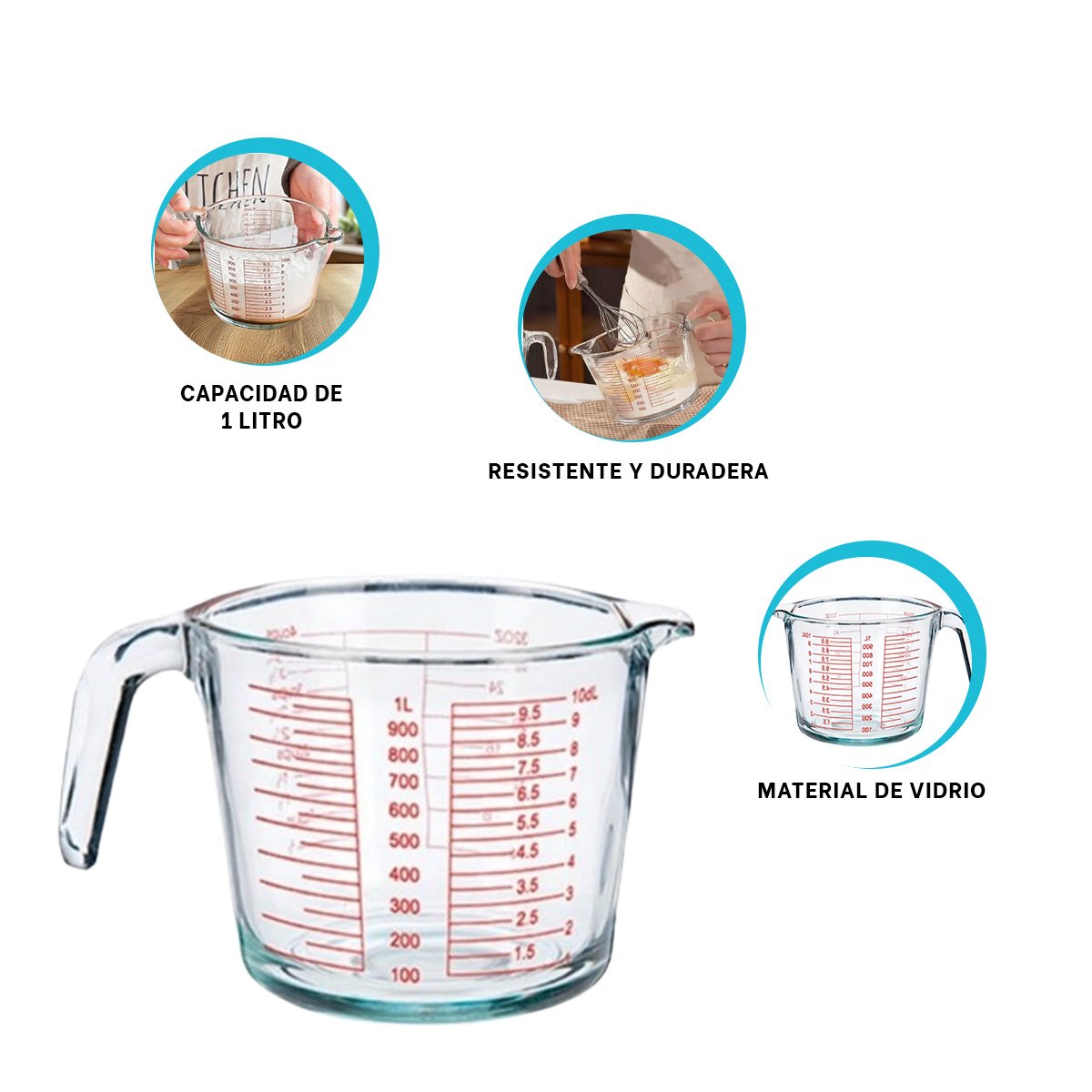 TAZA MEDIDORA DE VIDRIO 1L TRANSPARENTE COMODA PARA MEDIR AGUA, LECHE Y JUGOS YPAPEL REGALO - 5