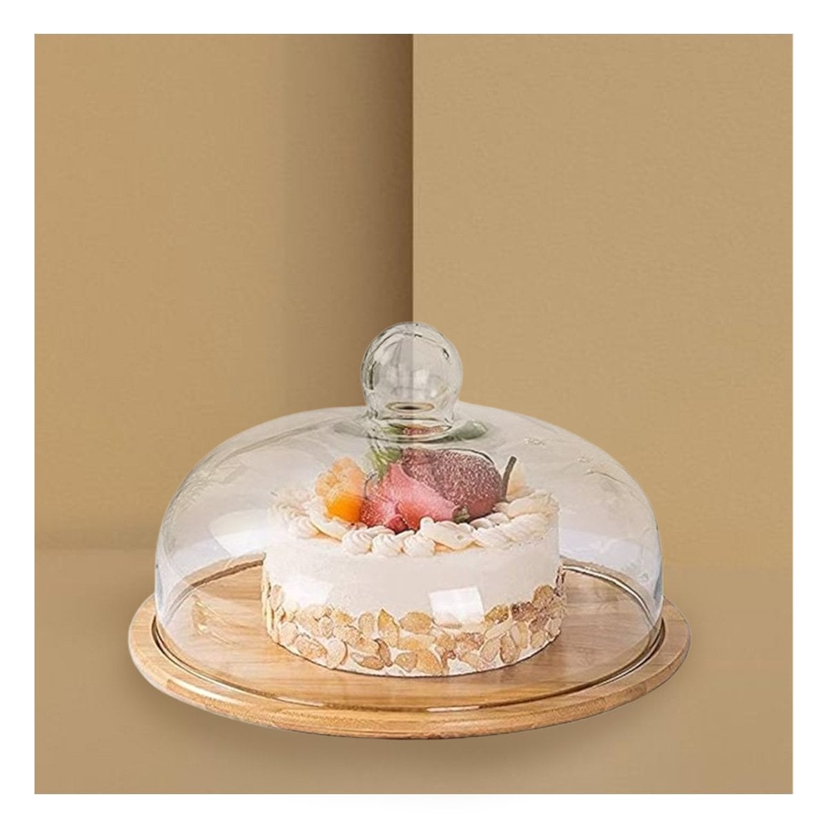 PEDESTAL DE MADERA CON CUPULA DE VIDRIO 24CM IDEAL PARA TARTAS Y PASTELES YPAPEL REGALO - 1