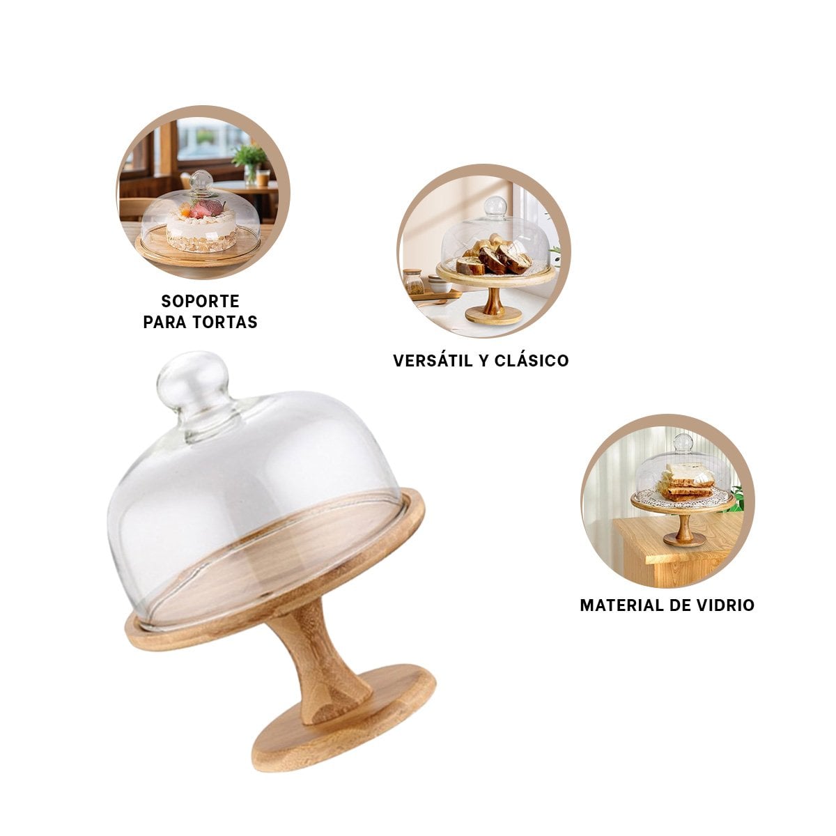 PEDESTAL DE MADERA CON CUPULA DE VIDRIO 24CM IDEAL PARA TARTAS Y PASTELES YPAPEL REGALO - 5