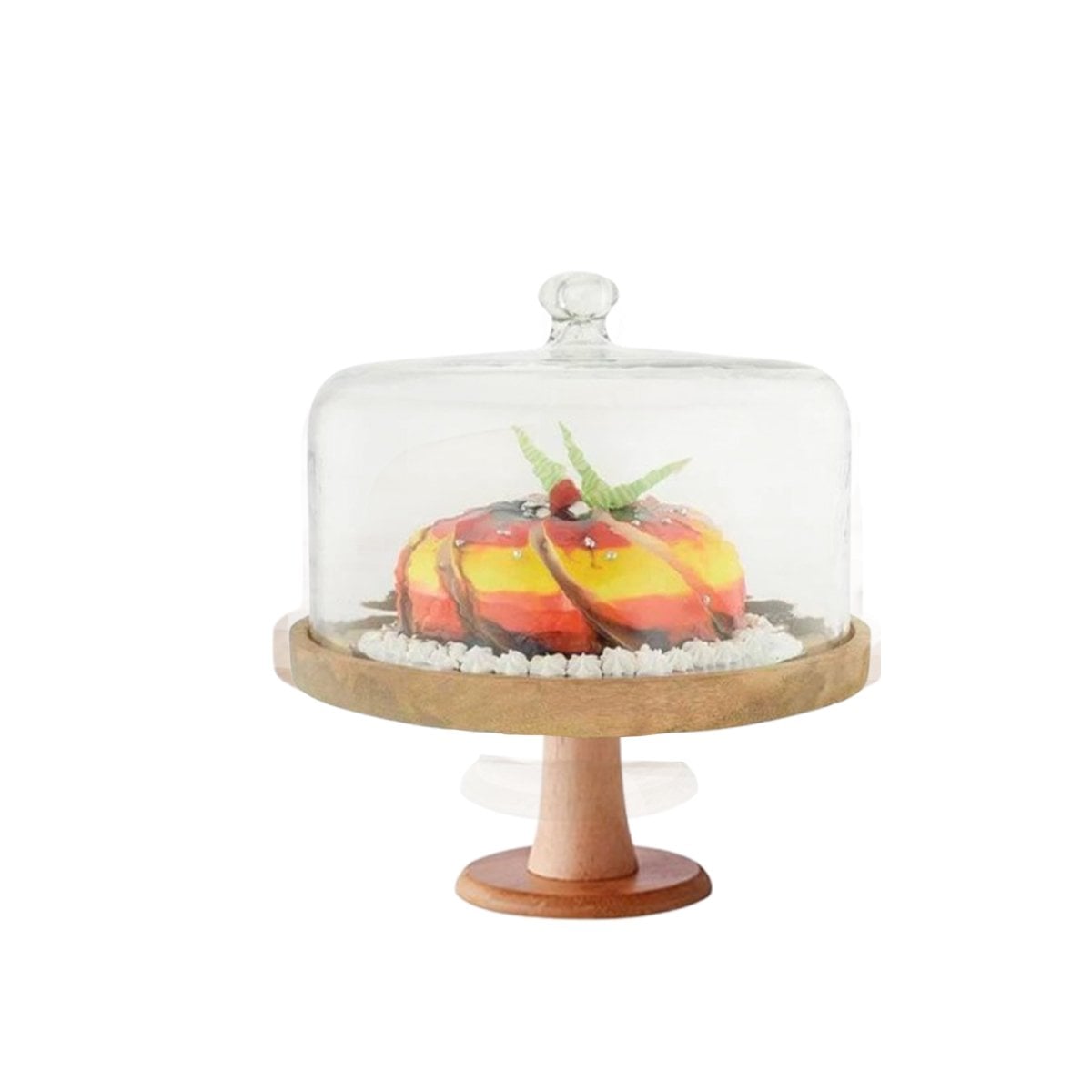 PEDESTAL DE MADERA CON CUPULA DE VIDRIO 28CM PERFECTO PARA REPOSTERIA YREGALO STICKER - 1