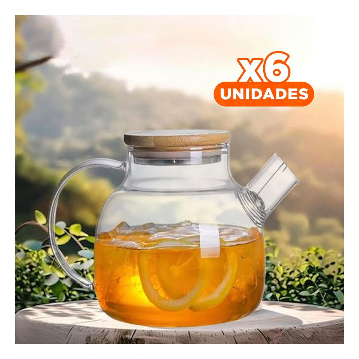 PACK6 VASO GRANDE DE VIDRIO 1.8L CON TAPA DE MADERA Y FILTRO INCLUIDO PARA JUGOS YPAPEL REGALO - 1