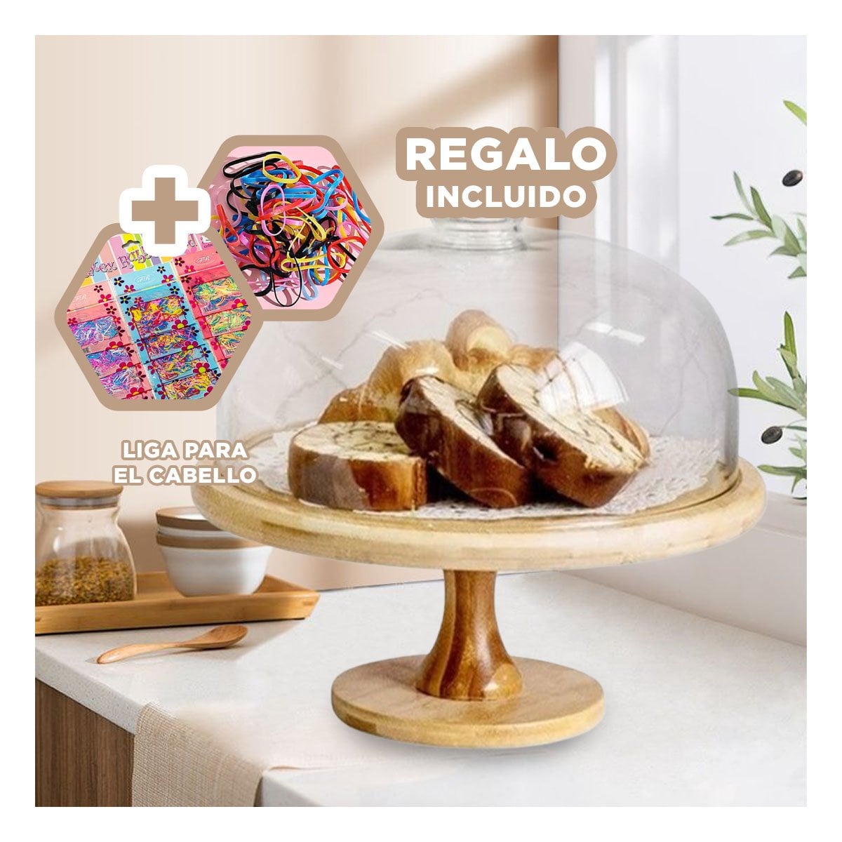 PEDESTAL DE MADERA CON CUPULA DE VIDRIO 24CM COMODO PARA SERVIR DULCES YLIGAS REGALO - 2