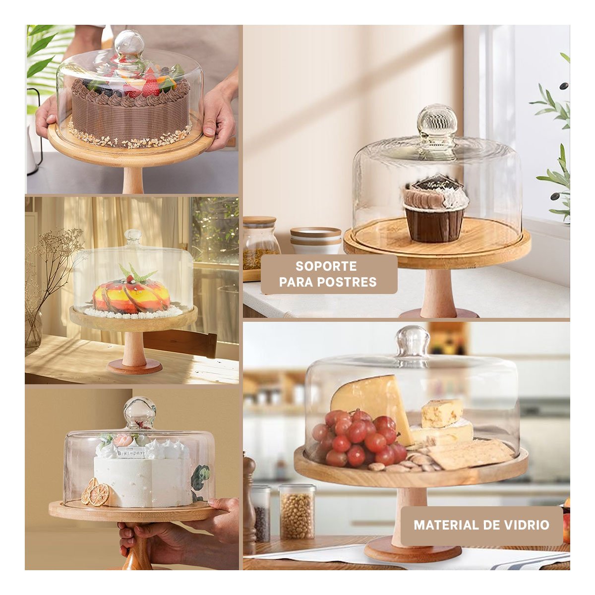 PEDESTAL DE MADERA CON CUPULA DE VIDRIO 28CM IDEAL PARA TARTAS Y PASTELES YPAPEL REGALO - 3