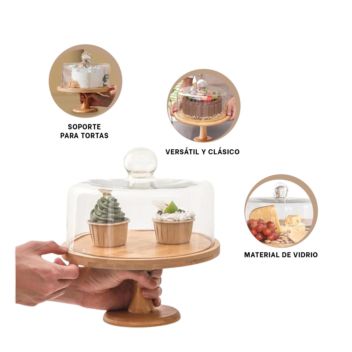 PEDESTAL DE MADERA CON CUPULA DE VIDRIO 28CM IDEAL PARA TARTAS Y PASTELES YPAPEL REGALO - 5