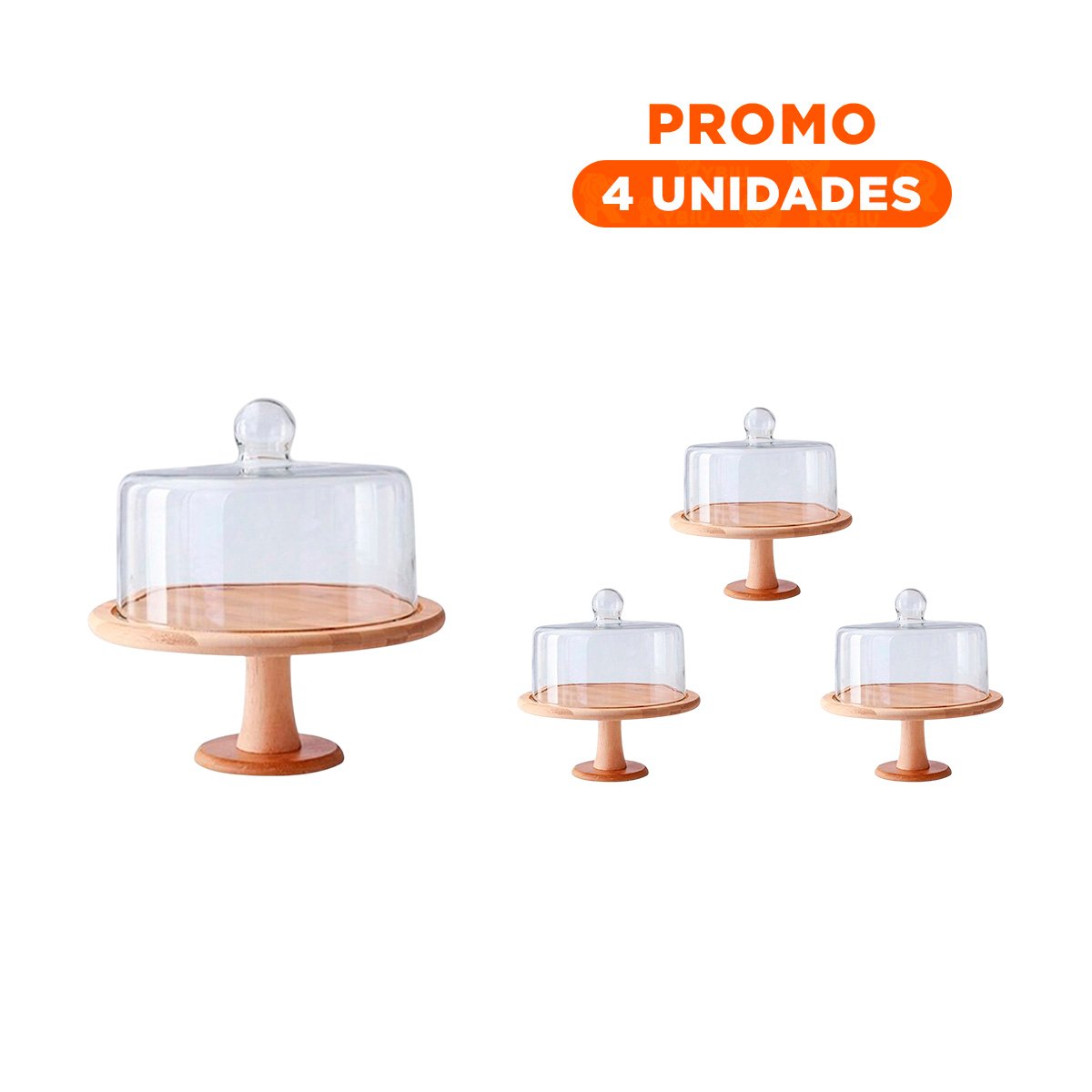 PACK4 PLATO DE MADERA CON CUPULA DE VIDRIO 28CM VERSATIL PARA DULCES Y TORTAS - 1