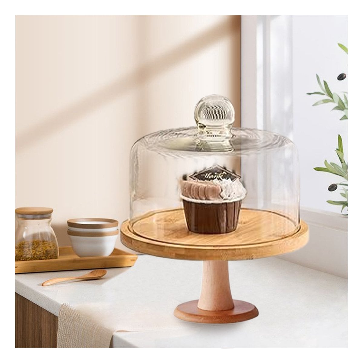PEDESTAL DE MADERA CON CUPULA DE VIDRIO 28CM PARA PRESENTAR POSTRES CON BORDE EN PUNTA - 3
