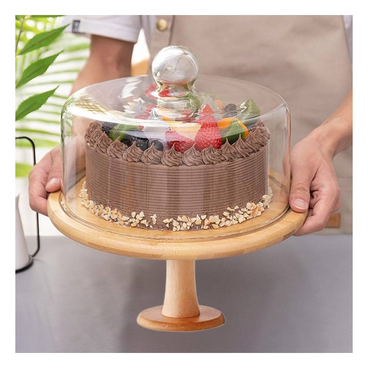PEDESTAL DE MADERA CON CUPULA DE VIDRIO 28CM PARA PRESENTAR POSTRES CON BORDE EN PUNTA - 5