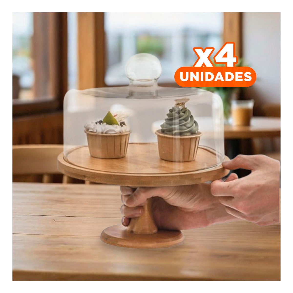 PACK4 PLATO DE MADERA CON CUPULA DE VIDRIO 28CM ELEGANTE PARA POSTRES Y TARTAS YPAPEL REGALO - 1