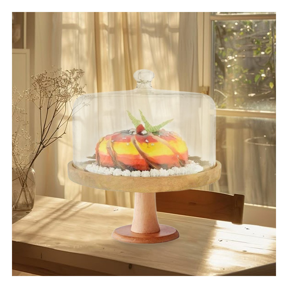 PACK4 PLATO DE MADERA CON CUPULA DE VIDRIO 28CM ELEGANTE PARA POSTRES Y TARTAS YPAPEL REGALO - 5