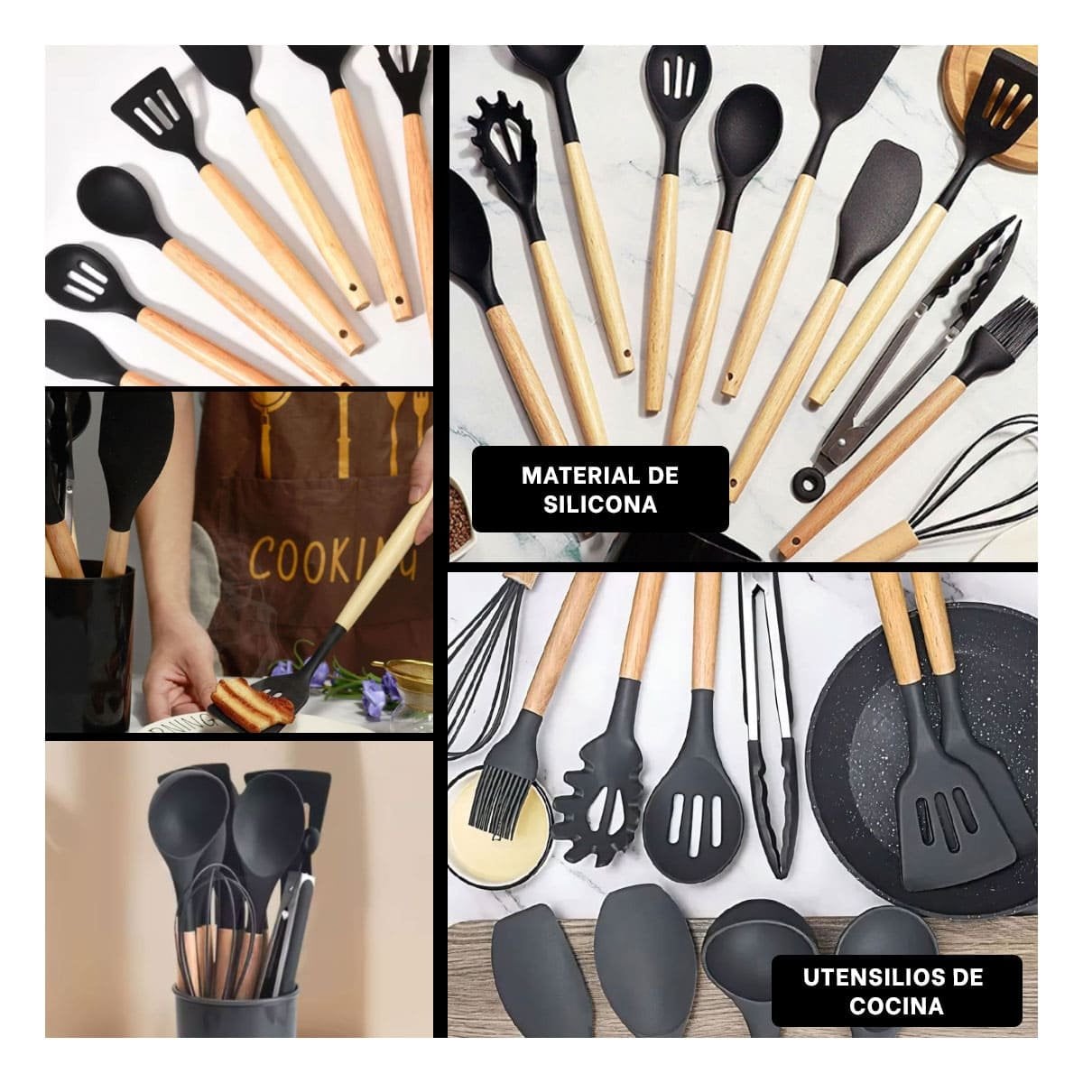 SET PREMIUM DE UTENSILIOS DE SILICONA NEGRO FLEXIBLES Y FACILES DE USAR YPAPEL REGALO - 3