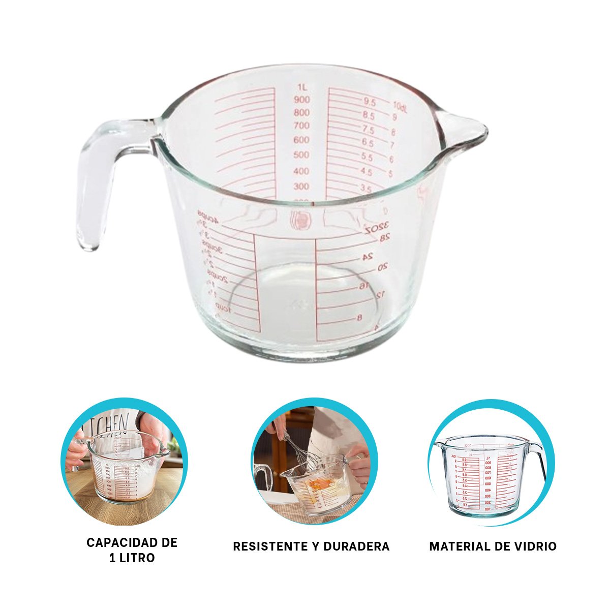 TAZA MEDIDORA DE VIDRIO 1L TRANSPARENTE PRACTICA PARA MEDIR LIQUIDOS Y MEZCLAS YPOST IT - 5
