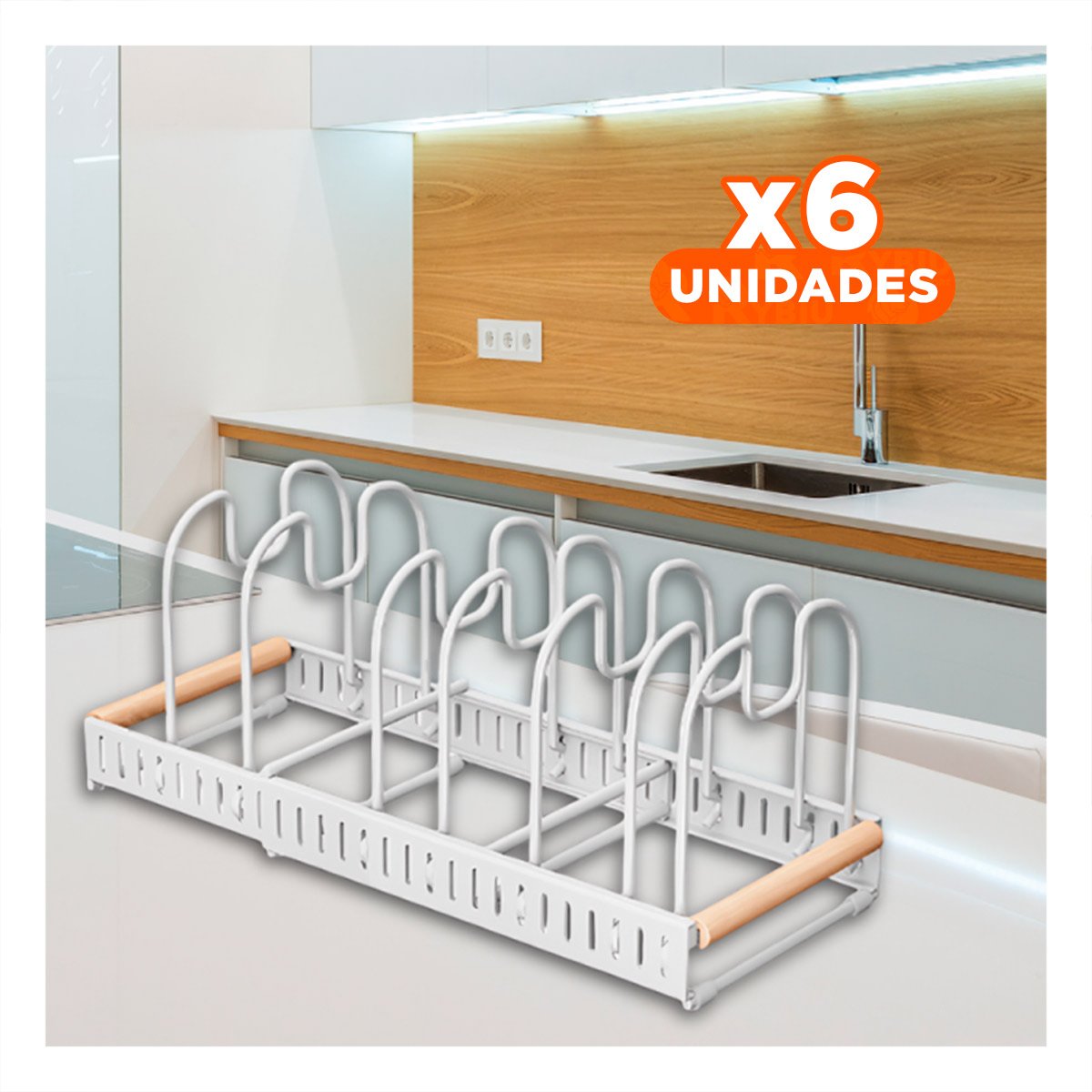 PACK6 ESTANTE AJUSTABLE BLANCO BORDE MADERA PREPARACION Y ORDEN EN MESA DIARIA - 1