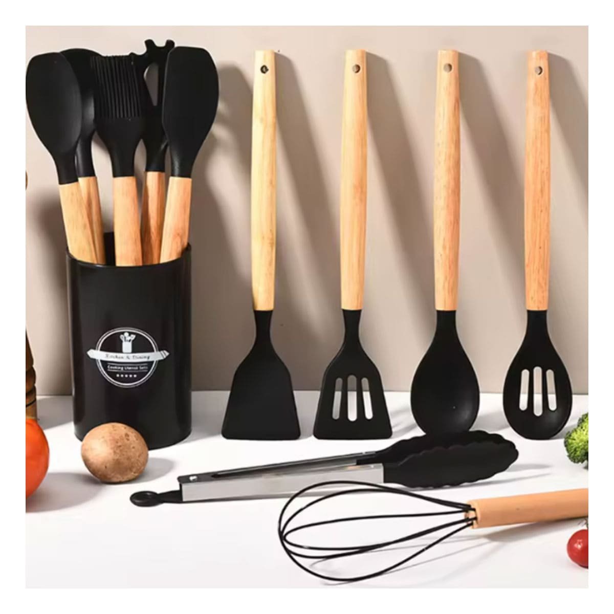PACK12 COMBO DE COCINA UTENSILIOS DE SILICONA NEGRO RESISTENTES Y FLEXIBLES YPAPEL REGALO - 5