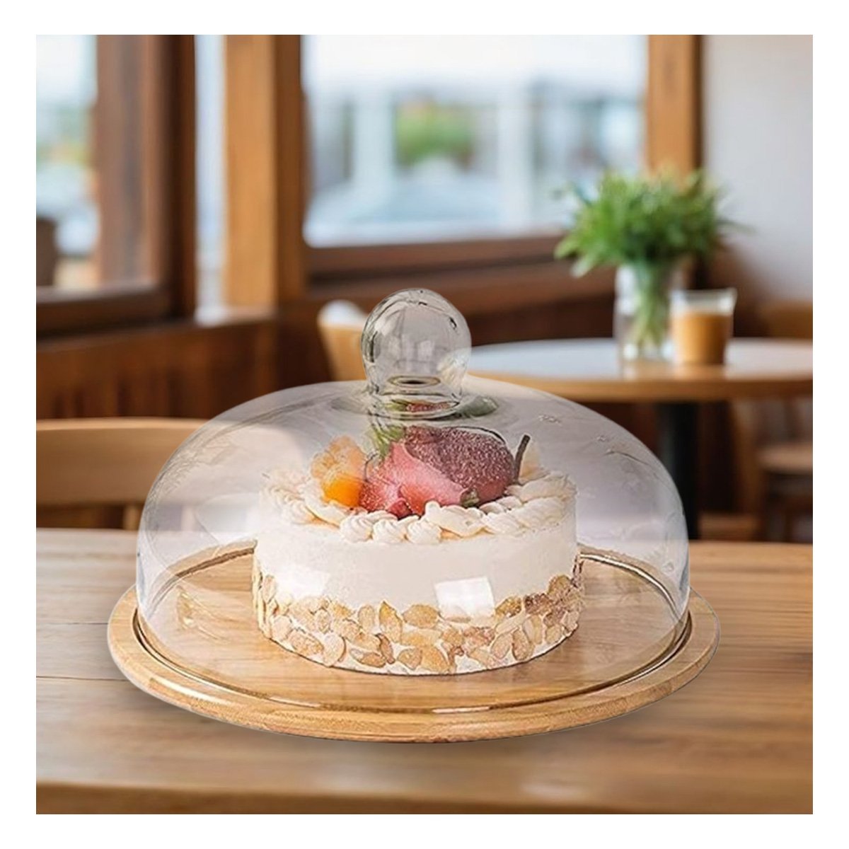 PEDESTAL DE MADERA CON CUPULA DE VIDRIO 24CM PARA PRESENTAR POSTRES - 3