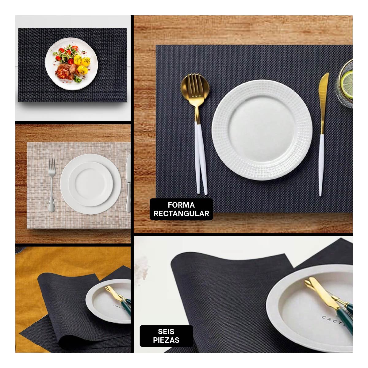 SET INDIVIDUALES DE MESA RECTANGULAR NEGRO 6 PIEZAS SEGURA Y ORGANIZADA EN MESA YPAPEL REGALO - 3