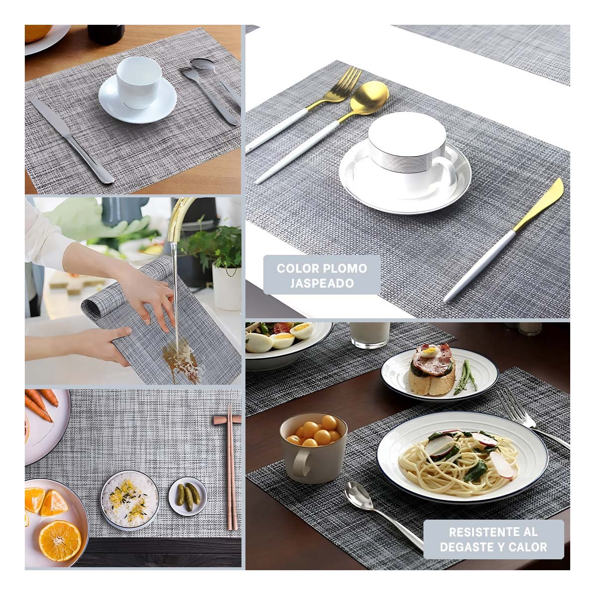 PACK4 PORTA INDIVIDUALES DE MESA PLOMO JASPEADO 6 PIEZAS RESISTENTE Y PRACTICO YREGALO STICKER - 2