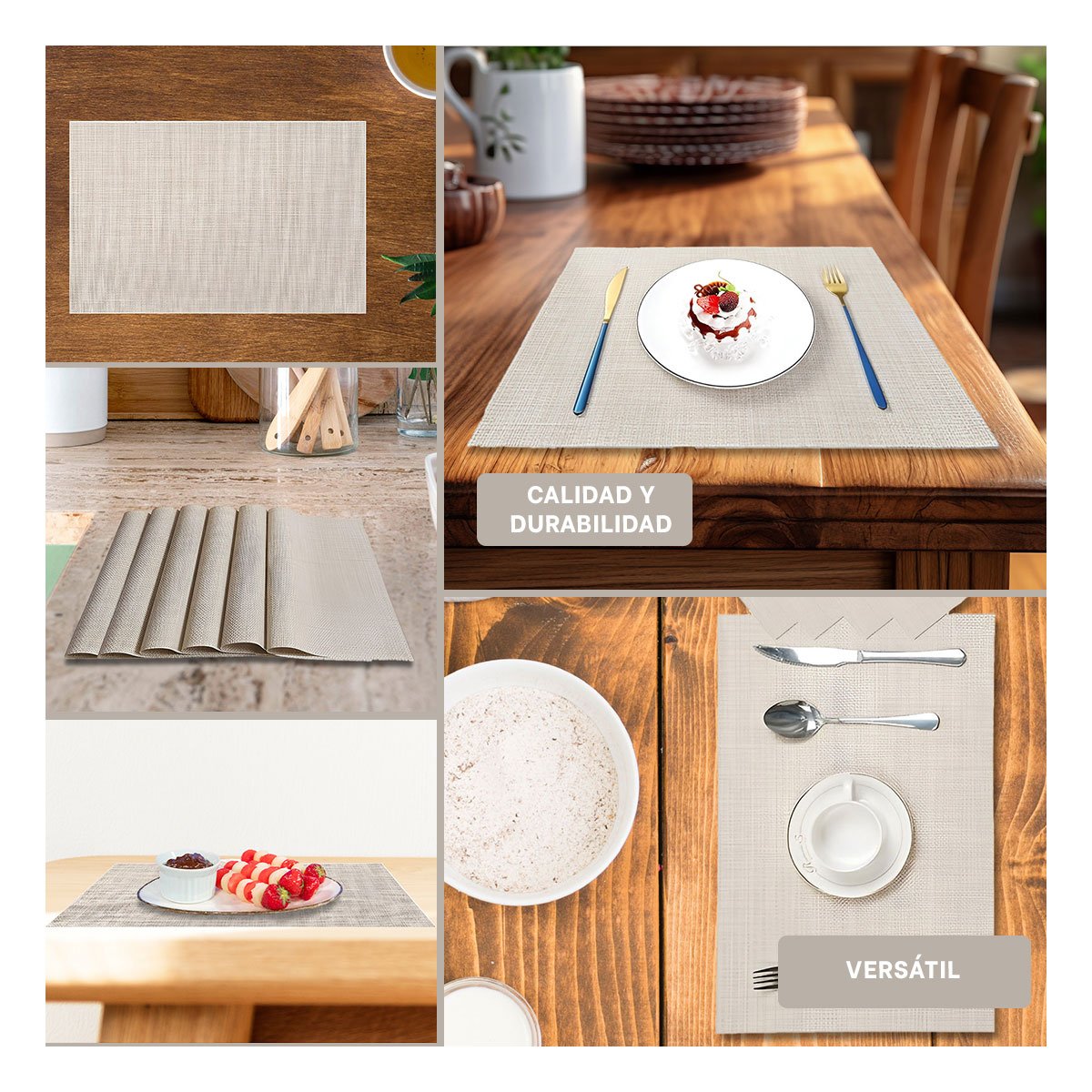 PACK4 PORTA INDIVIDUALES DE MESA BEIGE 6 PIEZAS RESISTENTE Y PRACTICO YREGALO STICKER - 2