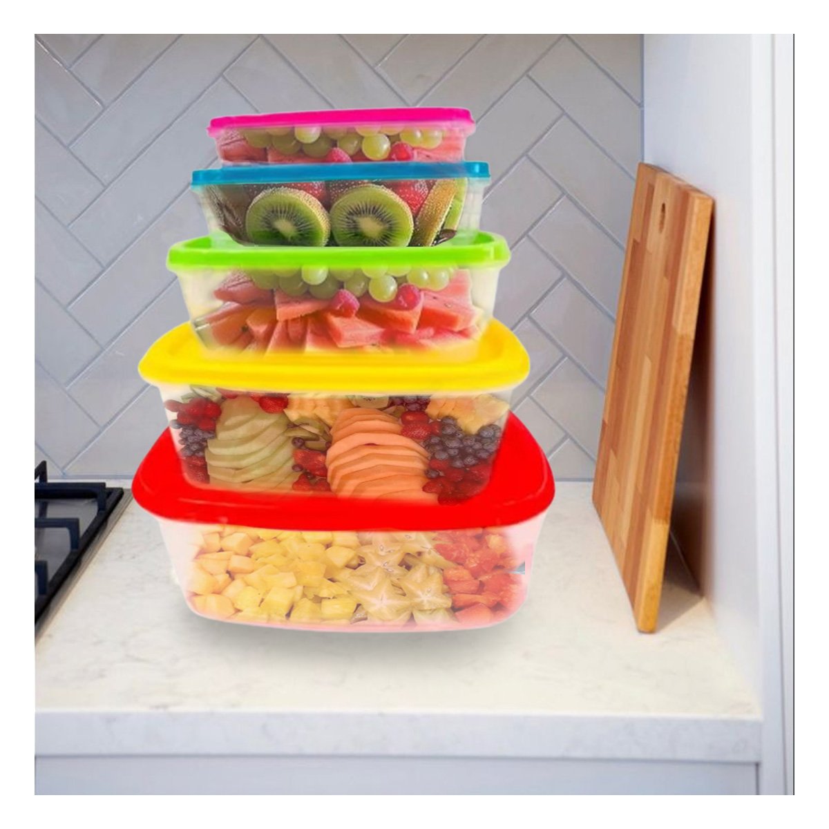 ENVASE RECTANGULAR 5 PIEZAS MULTICOLOR CON MEDIDAS VARIADAS DE USO DIARIO YREGALO STICKER - 5