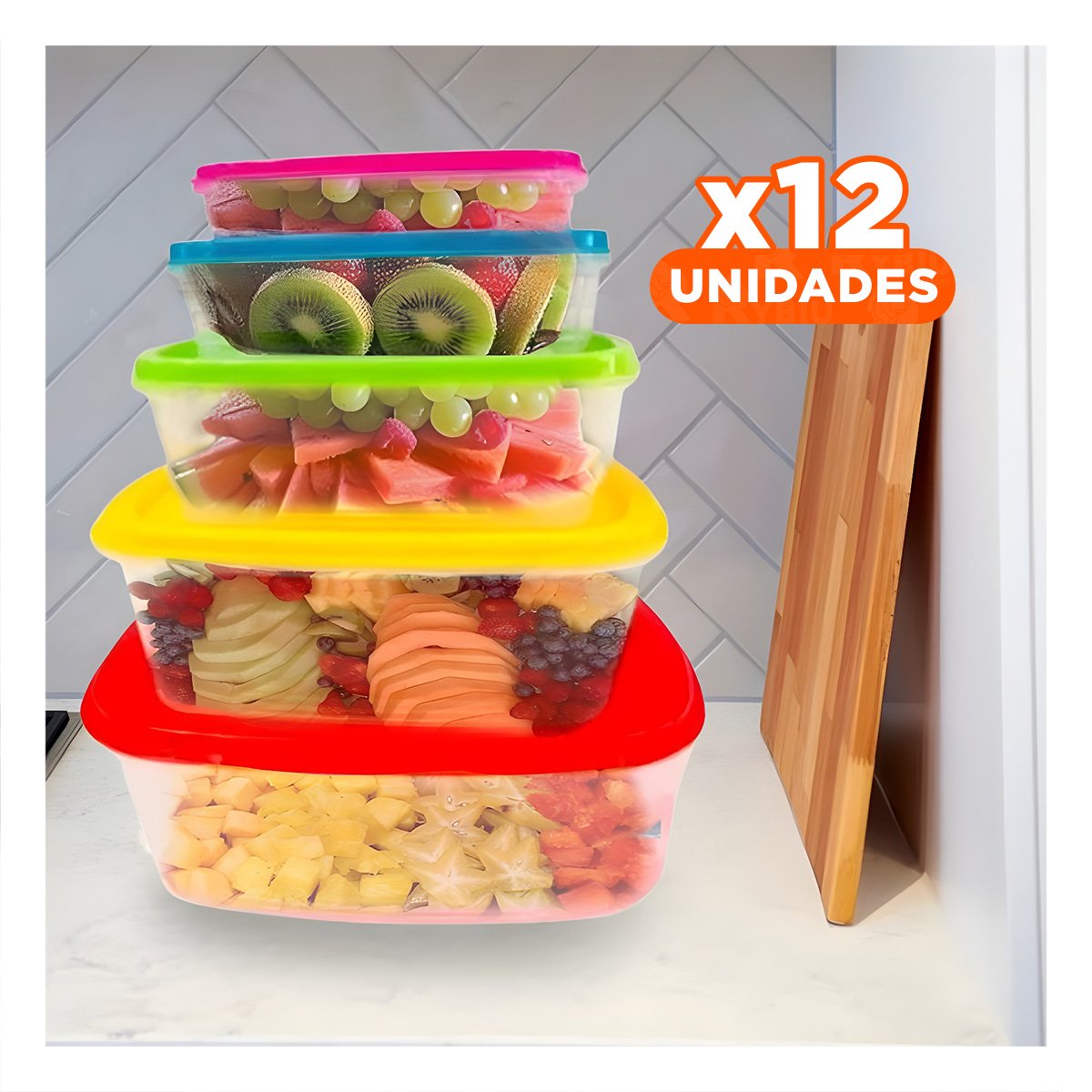 PACK12 RECIPIENTE RECTANGULAR 5 PIEZAS MULTICOLOR DE GRAN UTILIDAD YREGALO STICKER - 1