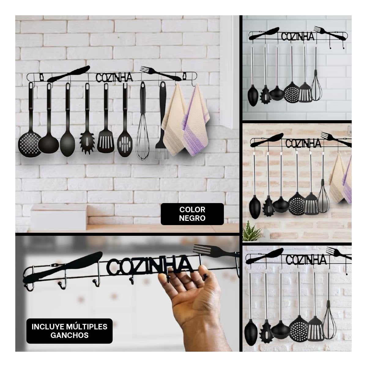 PACK4 PERCHERO DE PARED NEGRO PARA COLGAR ACCESORIOS DE COCINA YREGALO STICKER - 2