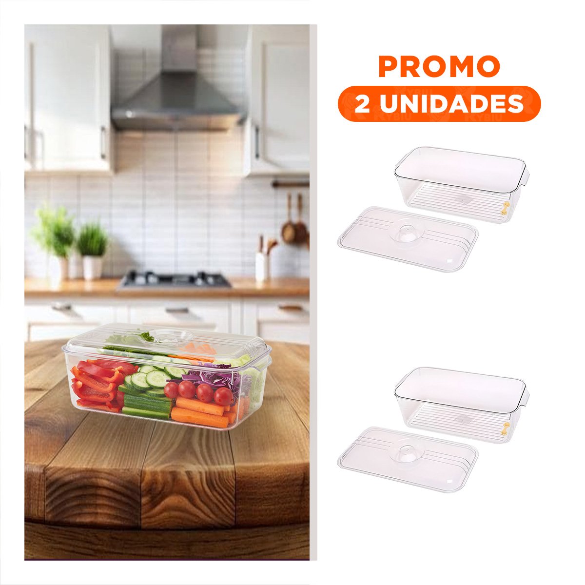 PACK2 ORGANIZADOR TRANSPARENTE PARA ALIMENTOS CON DRENAJE 30X16X11CM Y+REGALO STICKER - 1