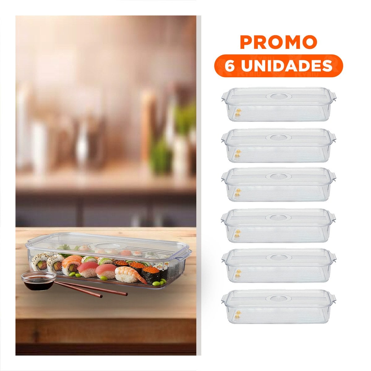 PACK6 CONTENEDOR CON TAPA RECTA APILABLE 30X16X5CM TRANSPARENTE Y+REGALO STICKER - 1