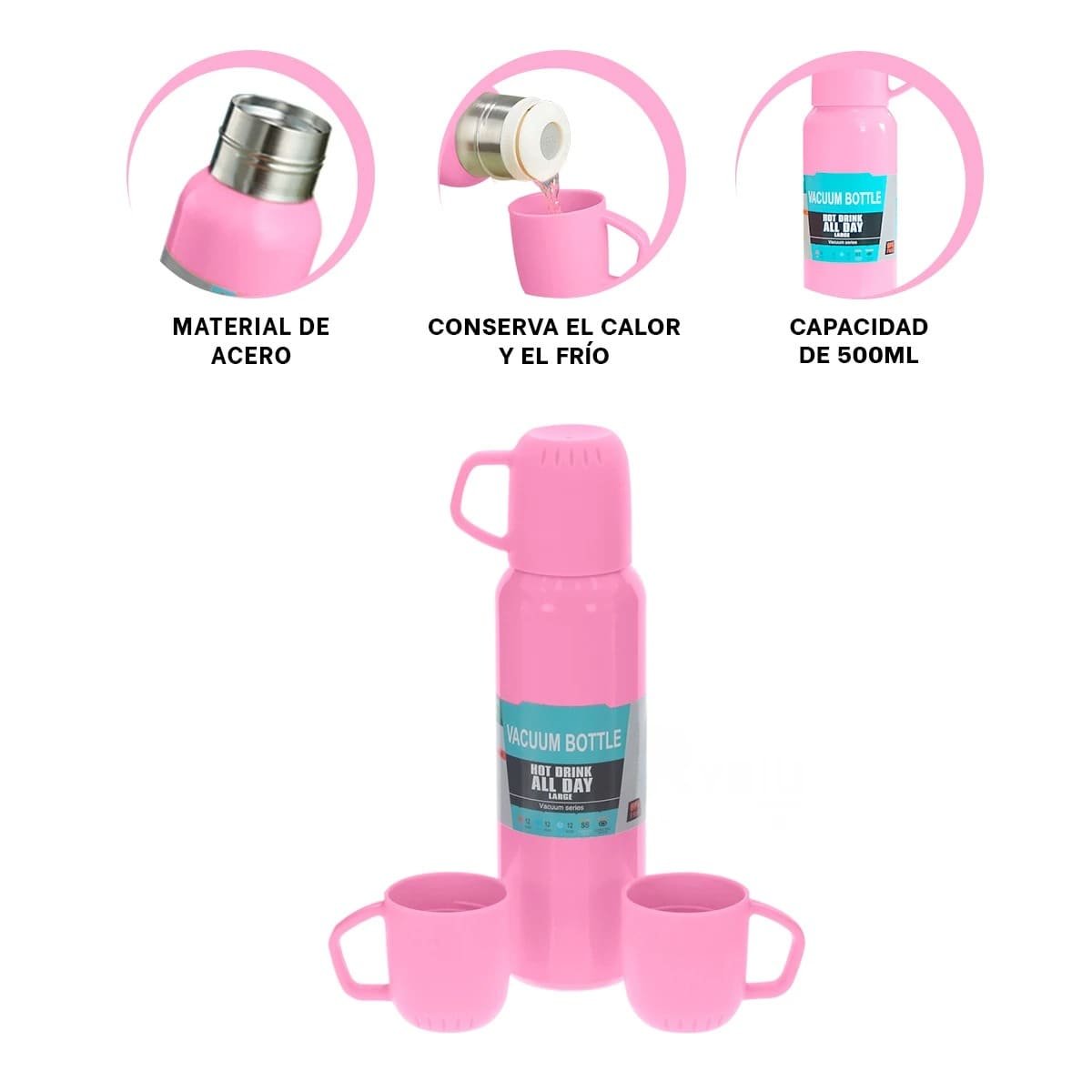 CONTENEDOR TERMICO DE 500ML CON 3 TAZAS ROSADO ACERO DURADERO MODERNO Y+POST IT - 5