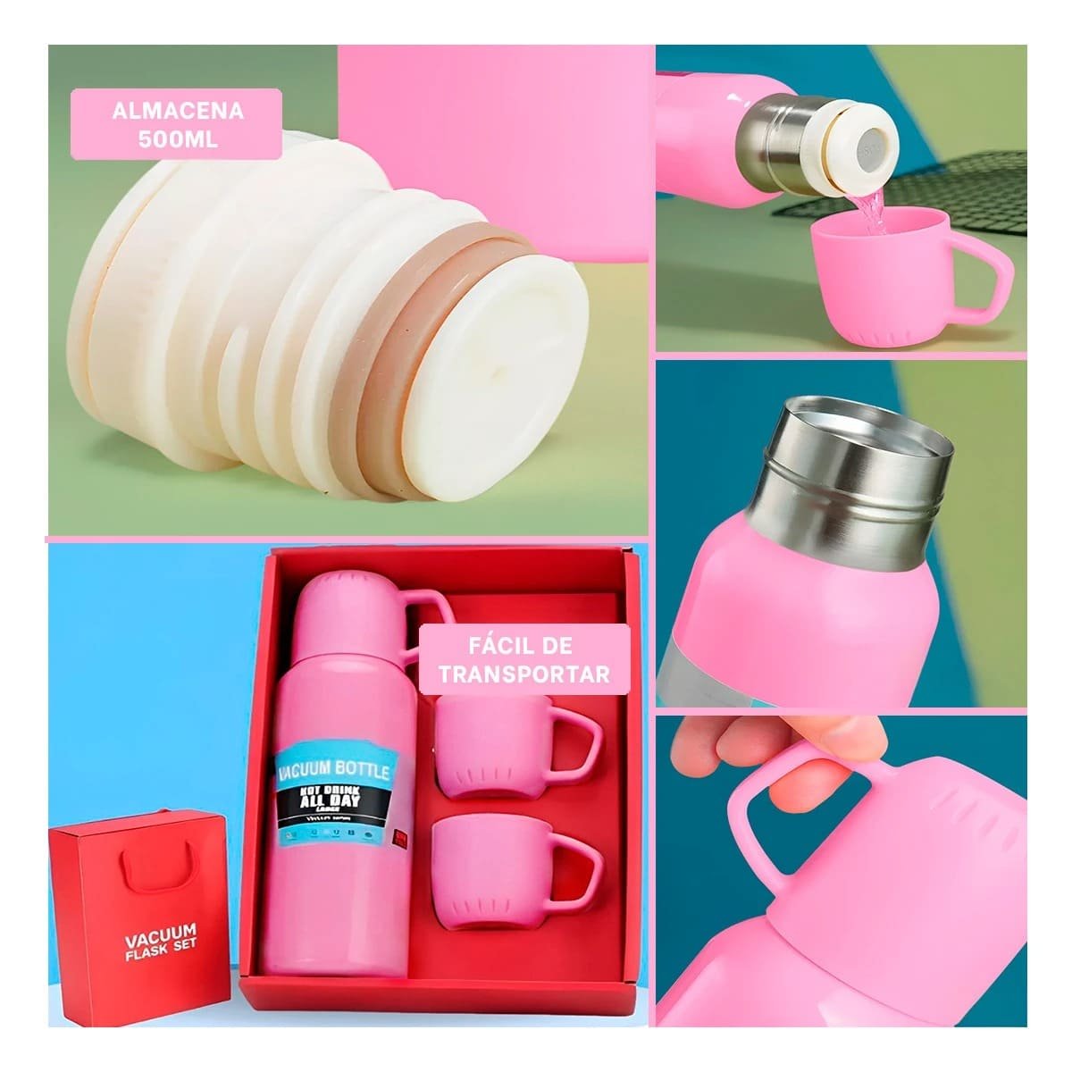PACK2 SOLUCION TERMICA DE 500ML CON 3 TAZAS ROSADO MODERNA FUNCIONAL Y+PAPEL REGALO - 3