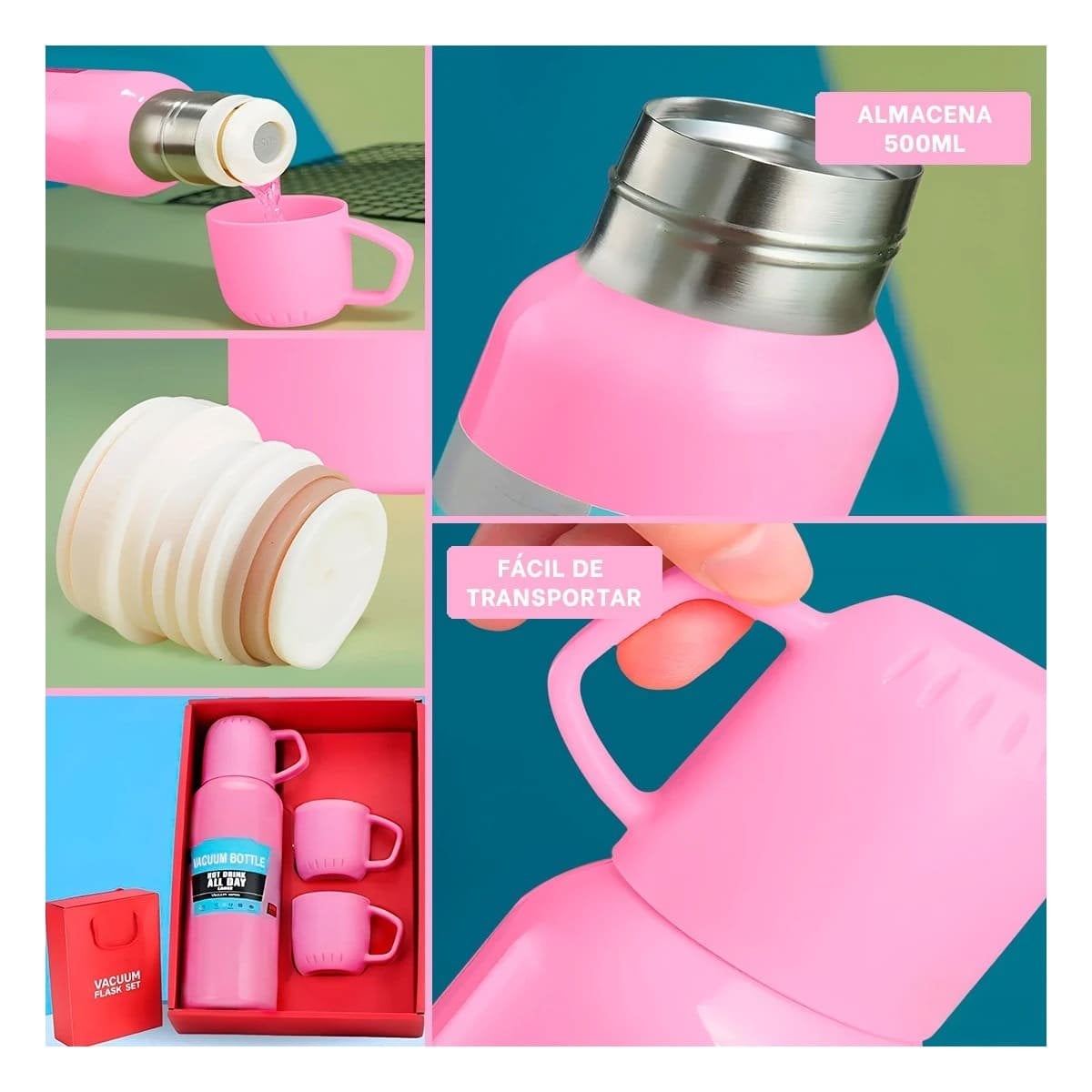 BOTELLA TERMICA DE 500ML CON 3 TAZAS ROSADO MODERNA DURADERA PORTATIL Y+PAPEL REGALO - 3