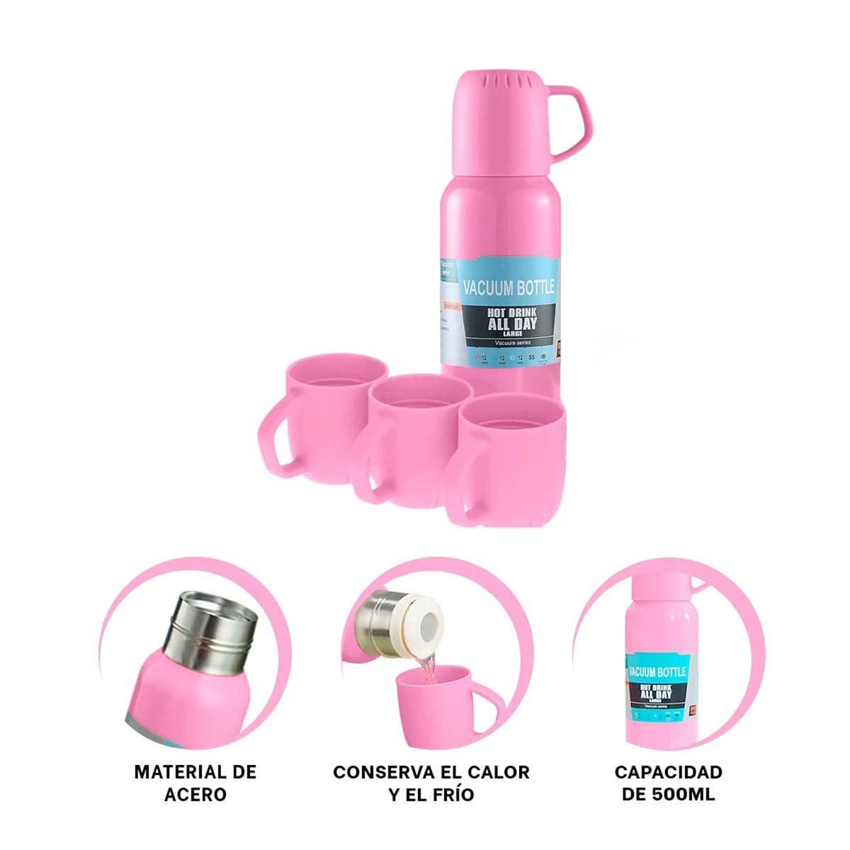 BOTELLA TERMICA DE 500ML CON 3 TAZAS ROSADO MODERNA DURADERA PORTATIL Y+PAPEL REGALO - 5