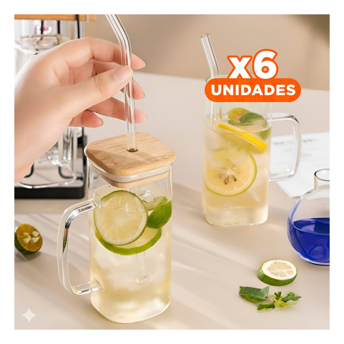 PACK6 TAZA MODERNA 350 ML DE VIDRIO CON ASA TAPA Y SORBETE - 1