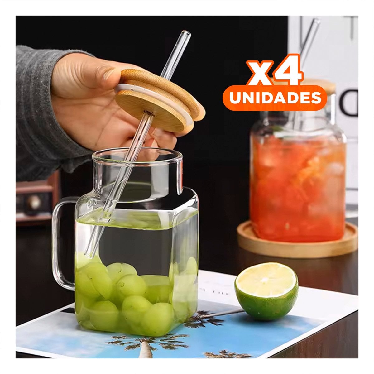 PACK4 TAZA DE VIDRIO 500ML CON ASA PRACTICA TAPA Y SORBETE TRANSPARENTE Y+REGALO STICKER - 1