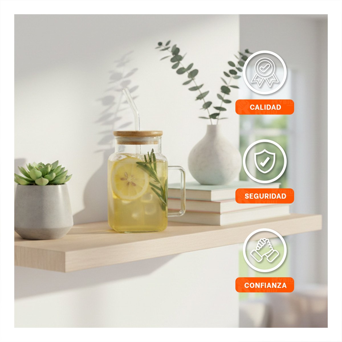 PACK4 TAZA DE VIDRIO 500ML CON ASA PRACTICA TAPA Y SORBETE TRANSPARENTE Y+REGALO STICKER - 3