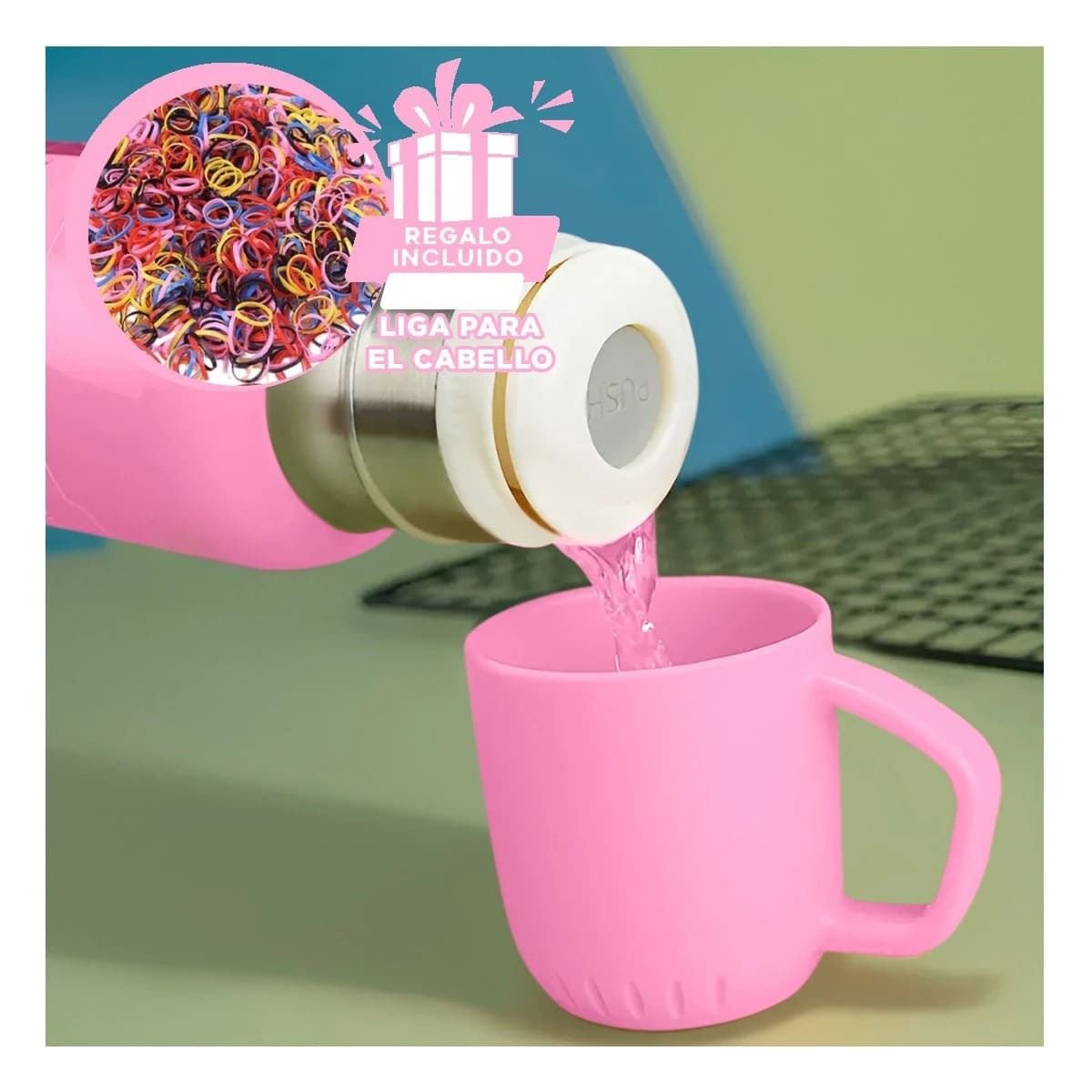 RECIPIENTE TERMICO DE 500ML CON 3 TAZAS ROSADO PORTATIL ALTA CALIDAD Y+LIGAS REGALO - 2