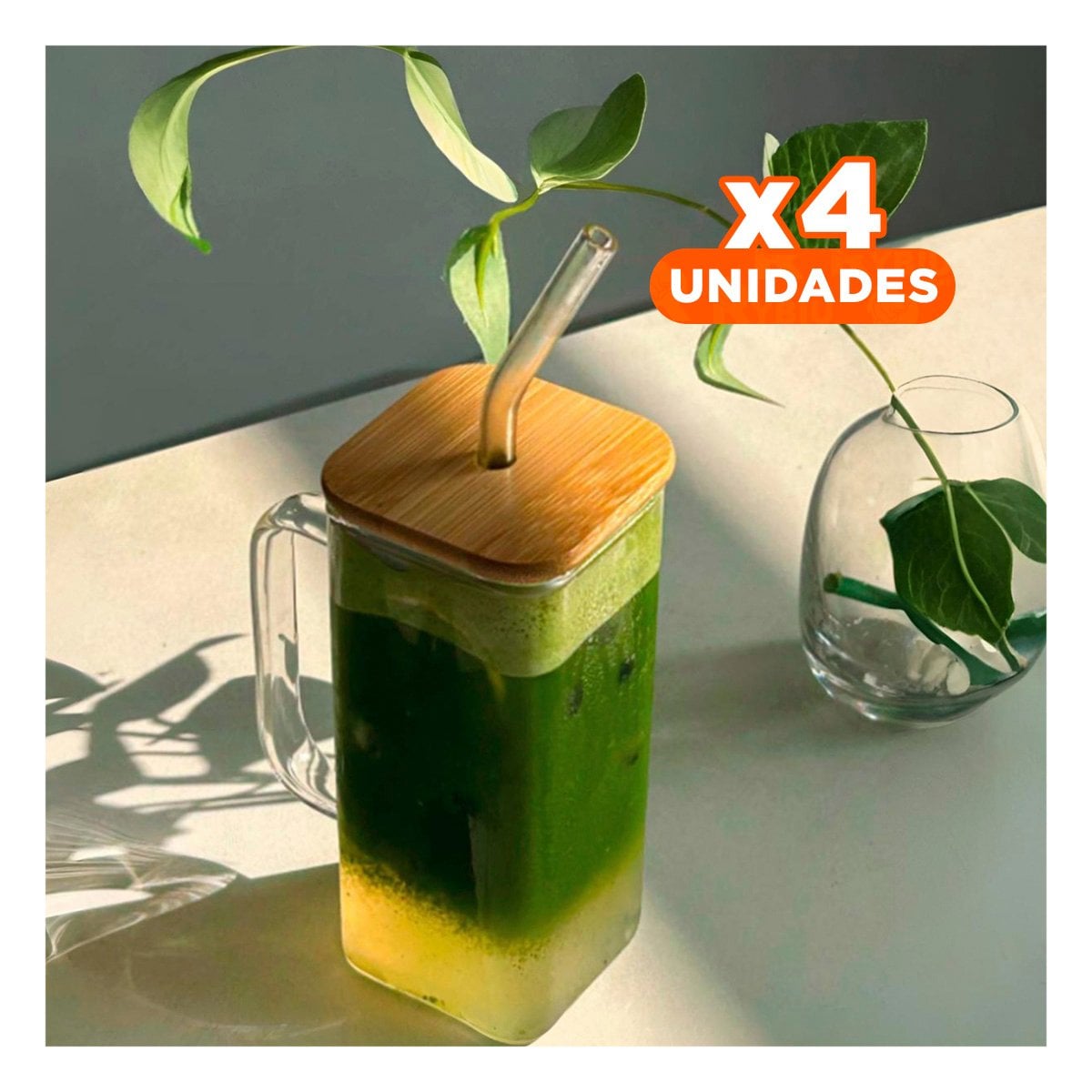 PACK4 TAZA DE VIDRIO 350 ML TRANSPARENTE CON ASA TAPA Y SORBETE RECTO Y+REGALO STICKER - 1