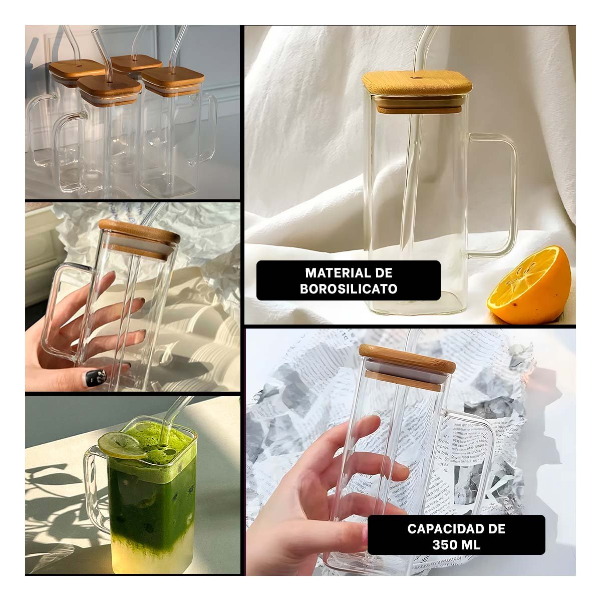 PACK4 TAZA DE VIDRIO 350 ML TRANSPARENTE CON ASA TAPA Y SORBETE RECTO Y+REGALO STICKER - 2