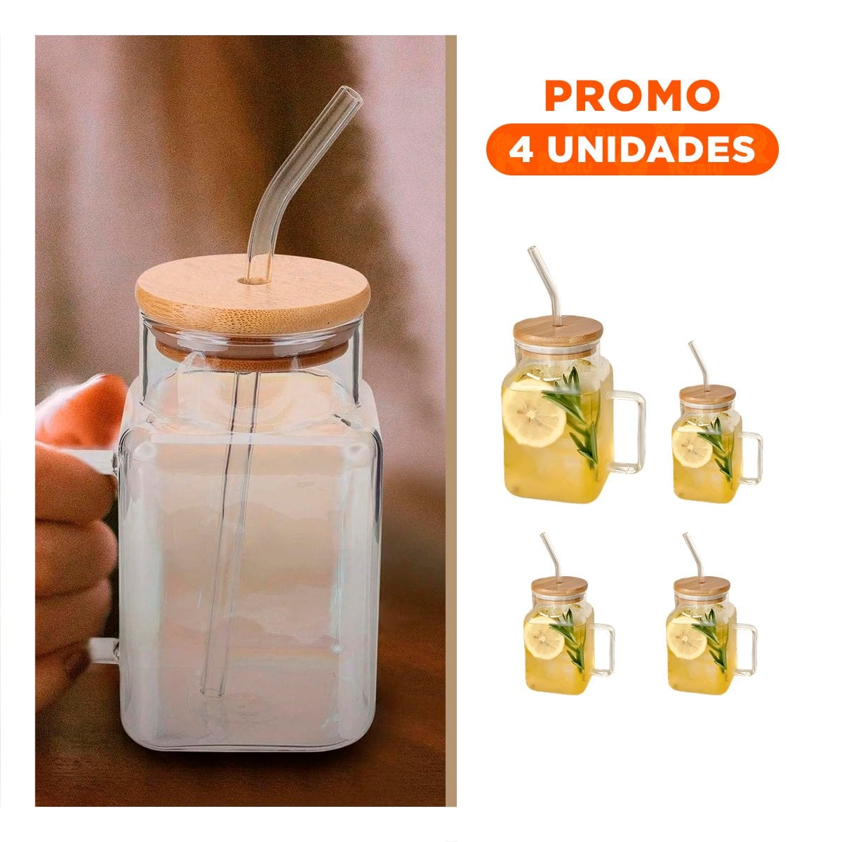 PACK4 JARRO MODERNO 500ML DE VIDRIO CON ASA TAPA AJUSTADA Y SORBETE - 1